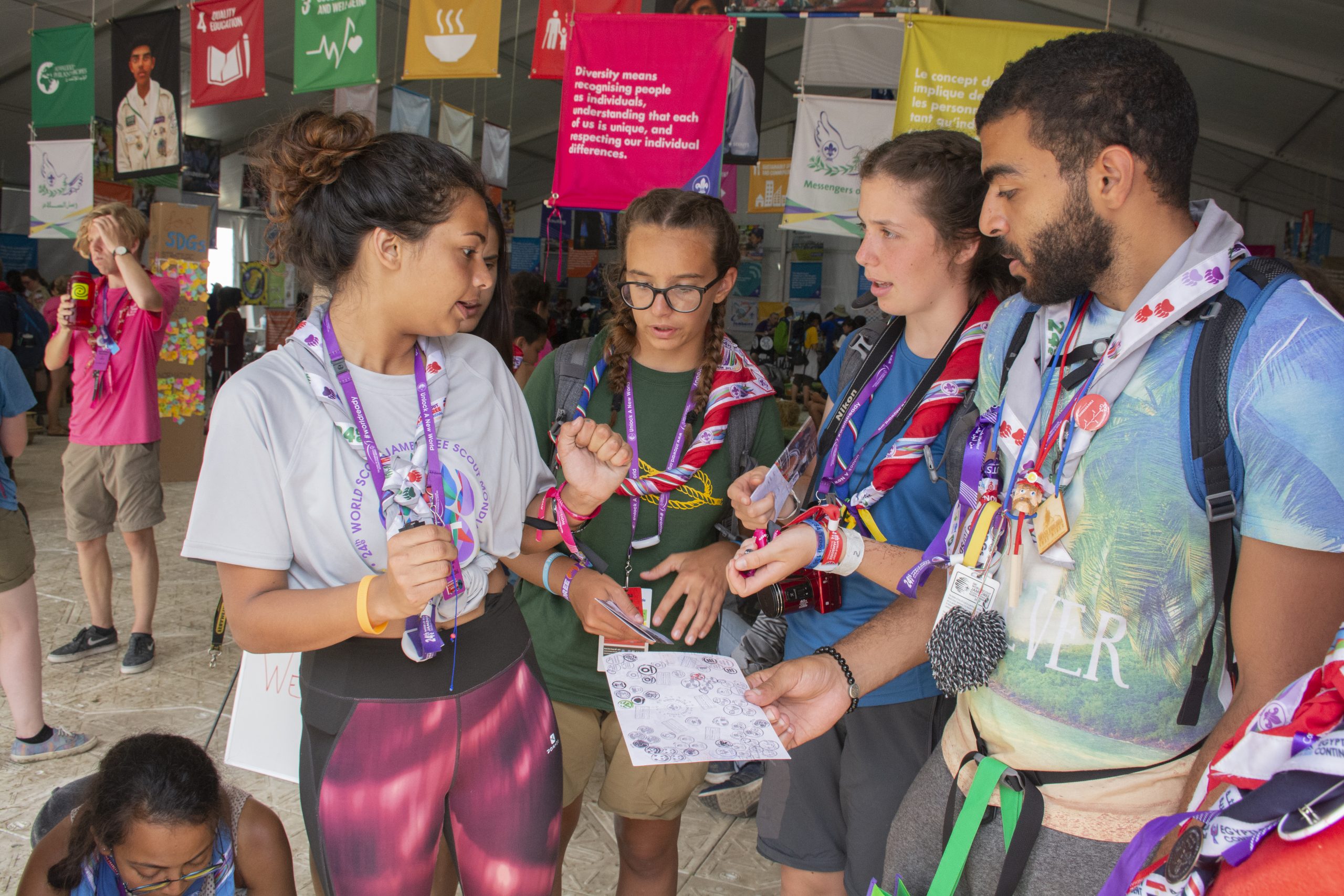 Scouts from different countries meet to swap stories about the Jamboree